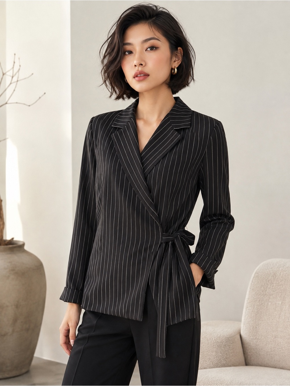 Kate Hill Black Pinstripe Wrap Blazer